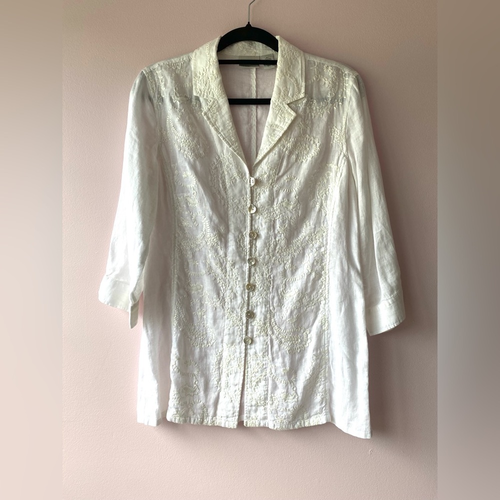 CHICO'S Linen Embroidered Floral Button Down Tunic Blouse  Size M
